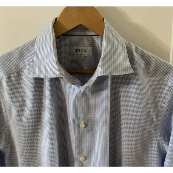 Eton‎ Dress Shirt Slim Blue Long Sleeve Button Up Micro Check Preppy Mens Large - Picture 3 of 12
